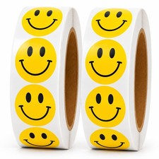 1000 Yellow Smiley Face Reward Stickers, 1 Inch Round, 2 Rolls of 500