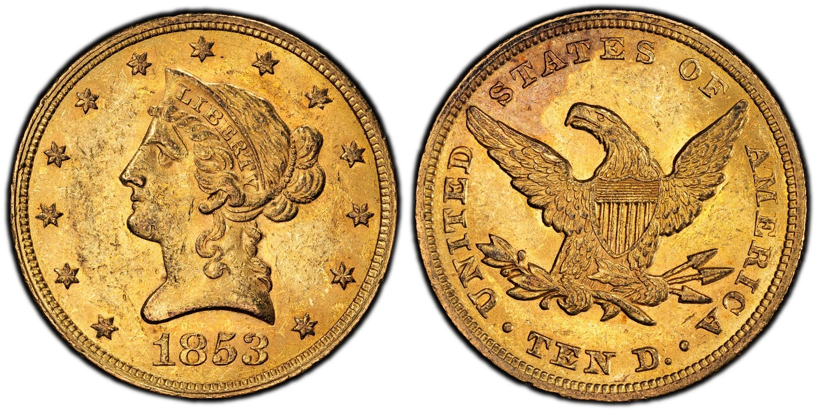 1853 $10, Eagle. PCGS MS61 CAC Philadelphia No motto above eagle. KM 66.2.