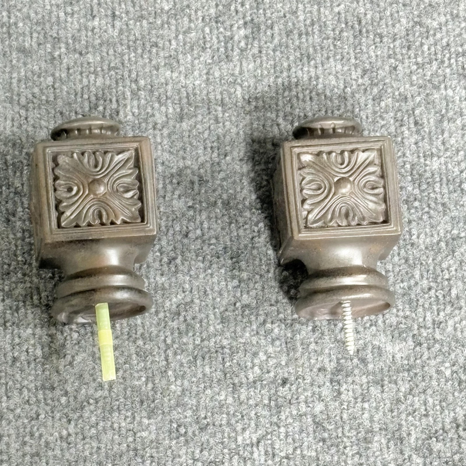 Pair Robert Allen Finials Ornate Square Vintage Style Carved Floral Decor