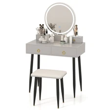 Vanity Makeup Dressing Table Stool Set 3-Color ighted Mirror W/Drawers Gray
