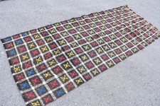 Vintage Rug, Area 3,37x7,8 ft Turkish Rug, Brown Red Striped Wool Rug