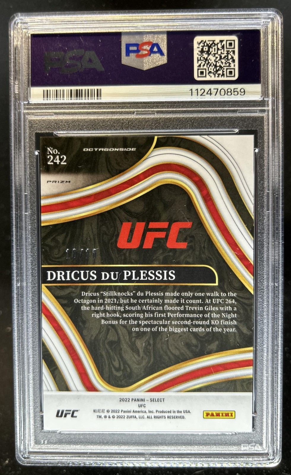 2022 Panini Select UFC Dricus du Plessis RC Gold Prizm Octagonside #/10 PSA 8 view 2