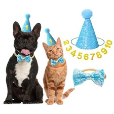 Dog Cat Birthday Party Hat with Bow Tie Collar Wedding Outfit Blue