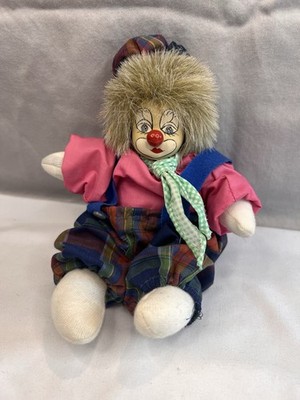 Vintage Porcelain Face Clown Doll Beanbag Seated Plush Plaid Outfit
