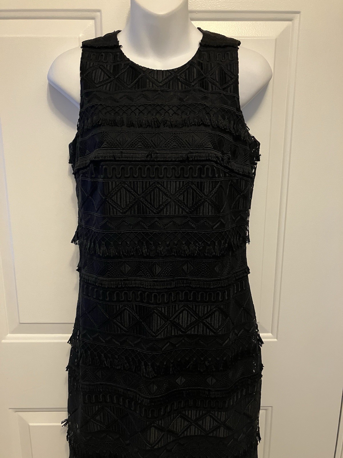 Women’s J.McLaughlin Sz 0 XS Noreen LBD Black Embroidered Fringe Shift Dress