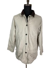 Lands End Barn Chore Coat Womens 1X Beige Flannel Lined Canvas Corduroy Collar
