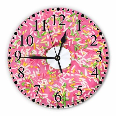 10 Pink Donuts Wall Clock, Stripes, Splashes, Silent, Non-Ticking, Battery