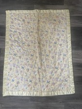 Vtg Mother Goose Nursery Rhyme Baby Quilt Blanket Yellow Satin Trim Humpty