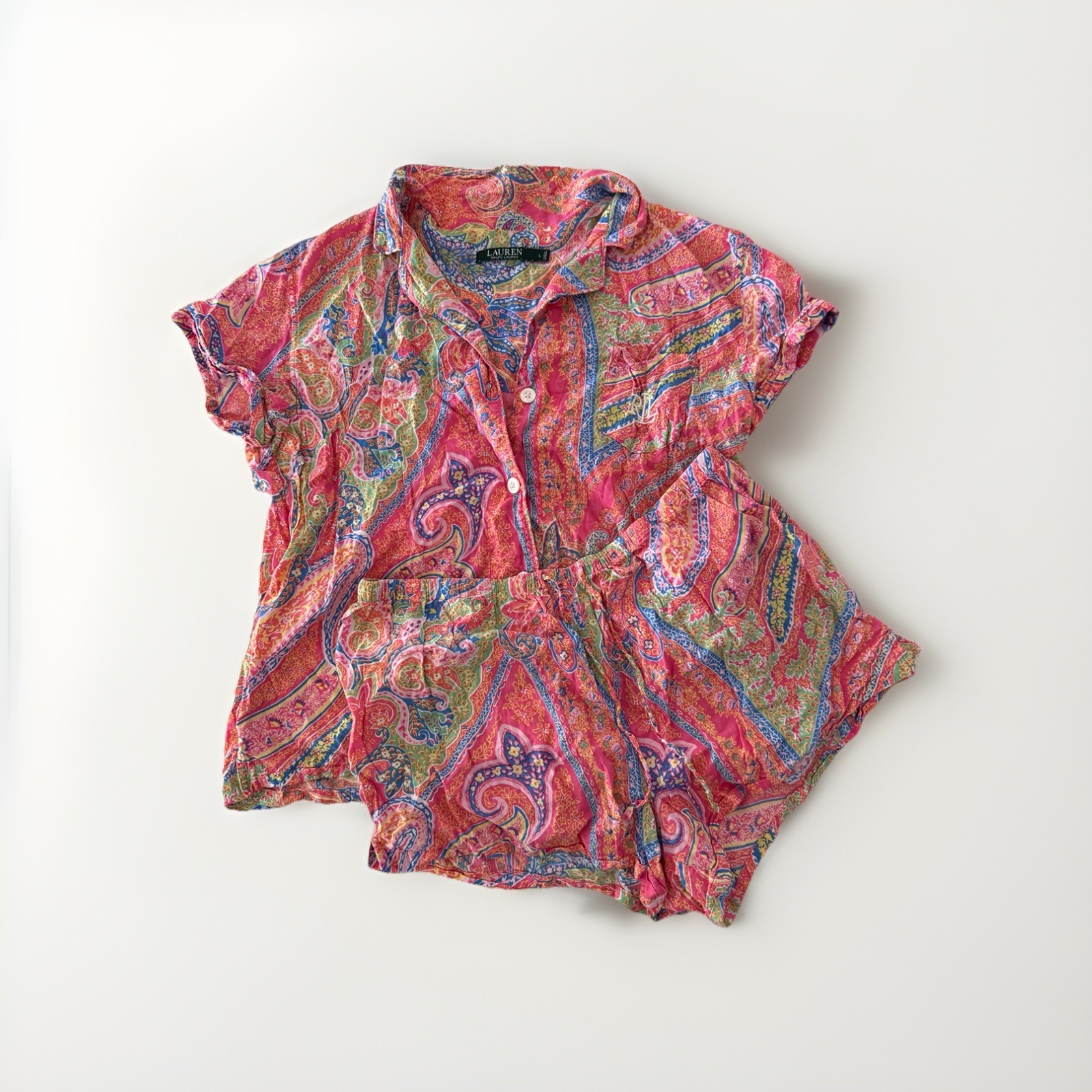 Lauren Ralph Lauren Women’s Pajama Set L – Paisley Print Button Up Top & Shorts