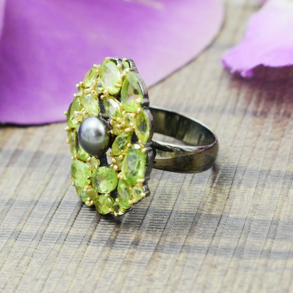 925 Sterling Silver  Black Pearl Gemstone Natural Peridot Ring Jewelry Wife Gift - Image 3 of 4