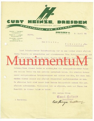 Werkstätte Ofenbau Curt Heinze DRESDEN - Schreiben bzgl anderer Lieferung 1924