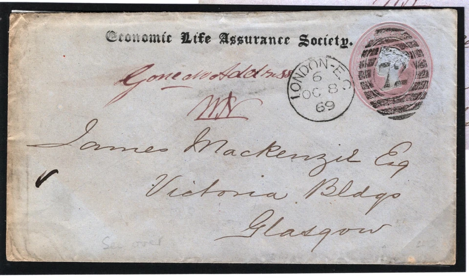 GB Cover *CLOTH COVERED TPO*Railway 1d Pink Stationery London Glasgow 1869 35b.6 - Image 2 of 4