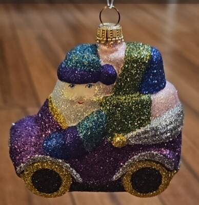 Vintage Fraga Santa Christmas Ornament Driving Car Ready To Go Purple Glitter