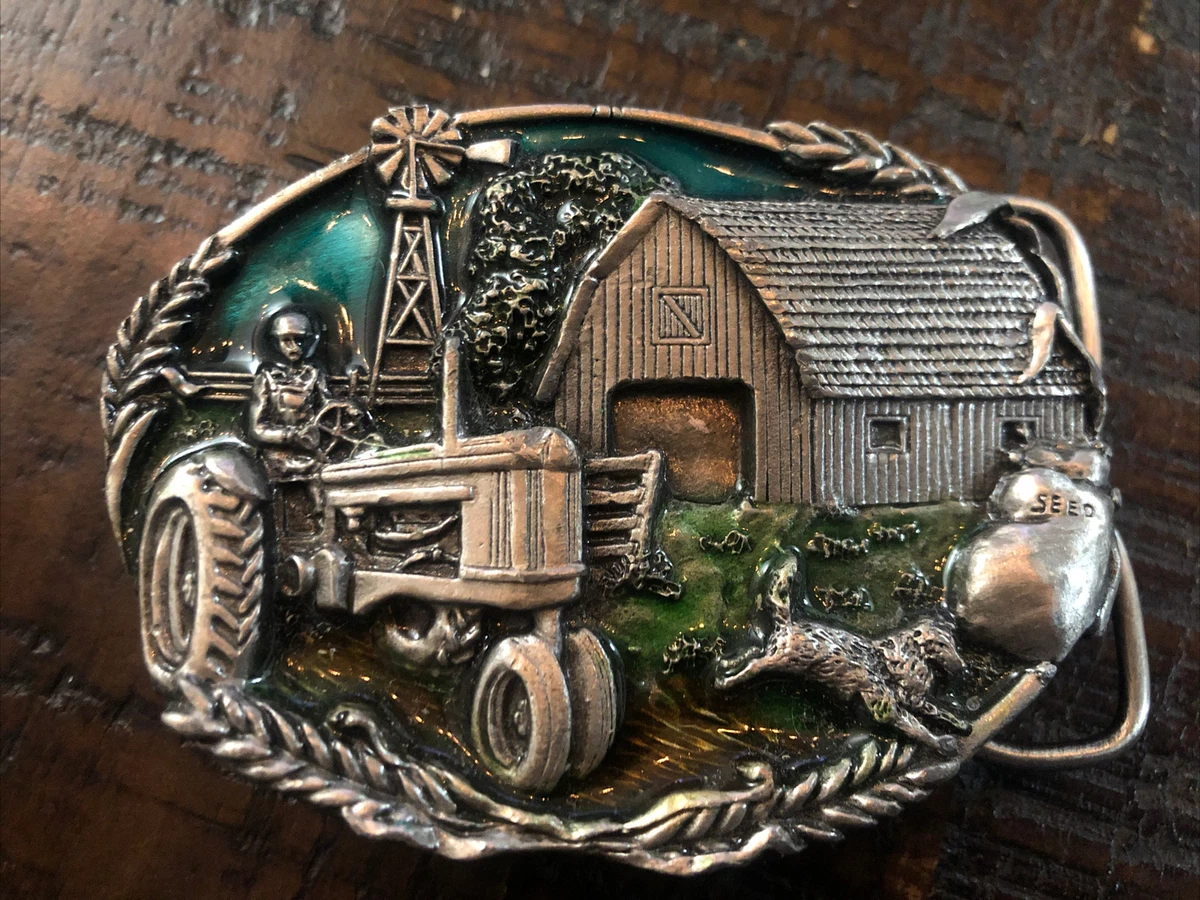 Bergamot Brass Works Belt Buckle 1981 D 49 Farmer Tractor Barn Dog Enameled Farm