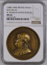 (1880-1898) SCH-GM-35 NGC MS 64  B. FRANKLIN NATUS BOSTON Bronze Medal. T2598