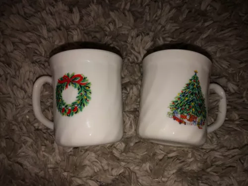 Pair Vintage Salem Porcelle Christmas Tree Mug Cups w/Toys+Wreath Made In France