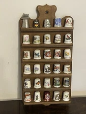 Lot Of Vintage Thimbles Wood Thimble Holder Display Rack Made In Switzerland