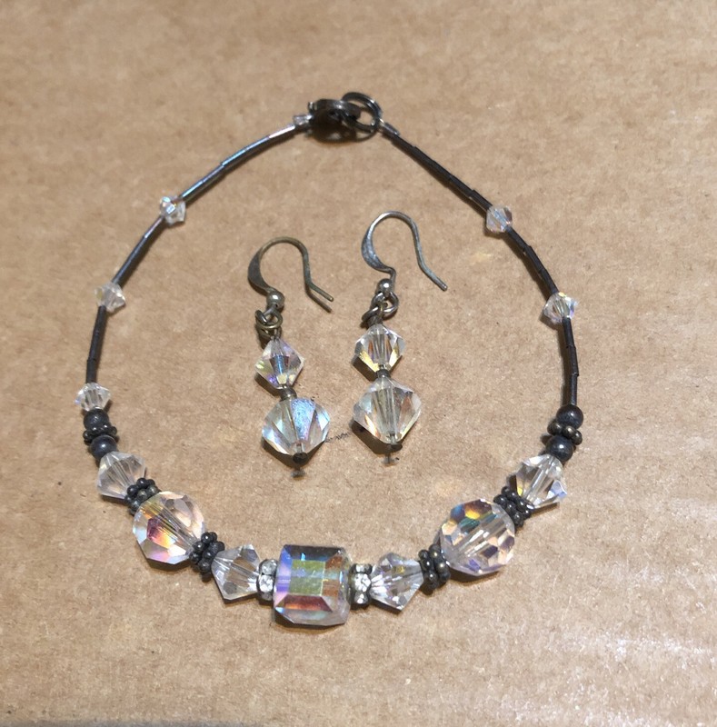 Vintage Clear Bead Pierced Earrings and Bracelet Set