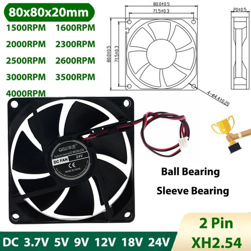 8020 DC Brushless Cooling Fan Mini Silent Fans 3.7/5/9/12/18/24V 1500RPM-4000RPM - Photo 2/6
