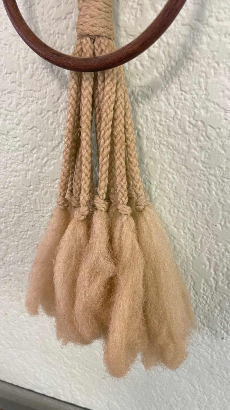 Macrame Kitchen Hanging Towel Holder Ring Mushroom Decor Fringe 26” Vintage MCM