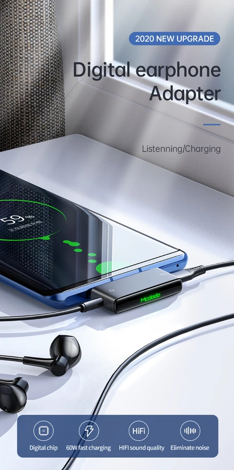 Mcdodo Audio Adapter USB C to 3.5mm Splitter DAC Earphone Mic 60W PD Charging - Image 2 of 4