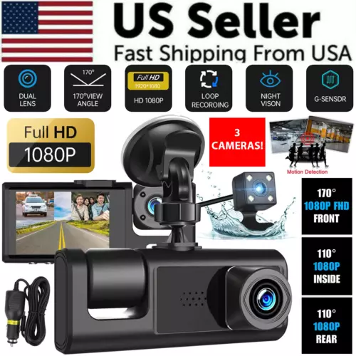 Car Dual Lens Dash Cam HD 1080P Front/Rear/Inside Video Recorder Camera G-Sensor - Picture 1 of 13