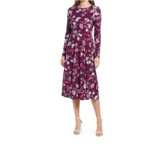 ELIZA J Aubergine Purple Floral Print Long Sleeve Stretch Knit Midi Dress 8 = M