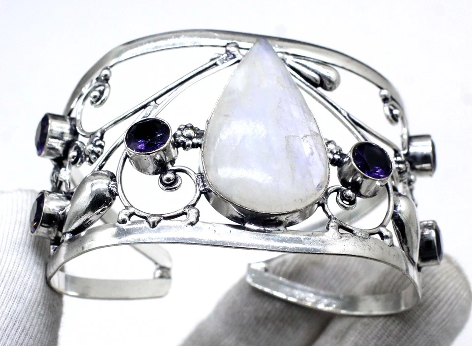 925 Sterling Silver Moonstone & Spinel Gemstone Jewelry Cuff Bracelet Size-ADJ - Image 2 of 4