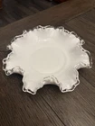 Vintage Fenton Milk Glass Clear Crest Ruffled Edge Bowl Candy Dish