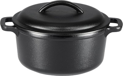Amazon Basics Round Pre-Seasoned Cast Iron Mini Dutch Oven Pot 2-Quart, Black 
