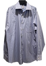 PETER MILLAR MEN'S SHIRT BUTTON LT BLUE CREAM STRIPE LONG SLEEVE SIZE 17 Long