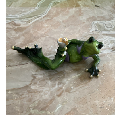 Resin Green Frog Figurine Lying Down Holding Gold Ball Accent