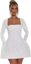 Sparkly Sequin Homecoming Gowns for Teens Neck Short Long Sleeve Mini Prom Dress