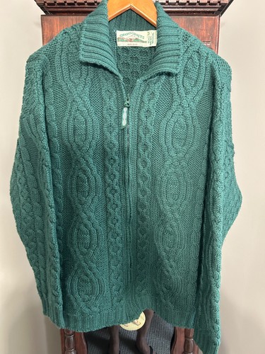 Vintage Aran Crafts Dark Green Fisherman Cable Zip Up Collared W Med 100% Wool