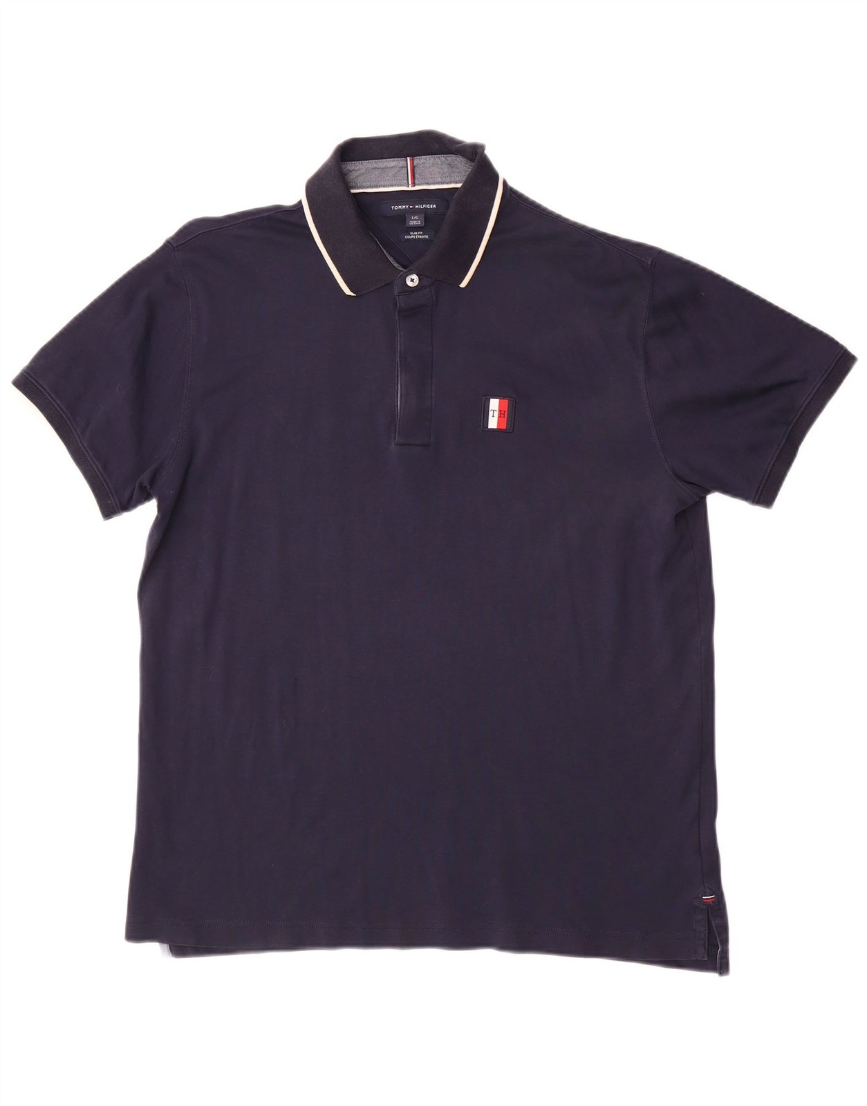 Tommy Hilfiger Mens Slim Fit Polo Shirt Large Navy Blue Cotton AO05