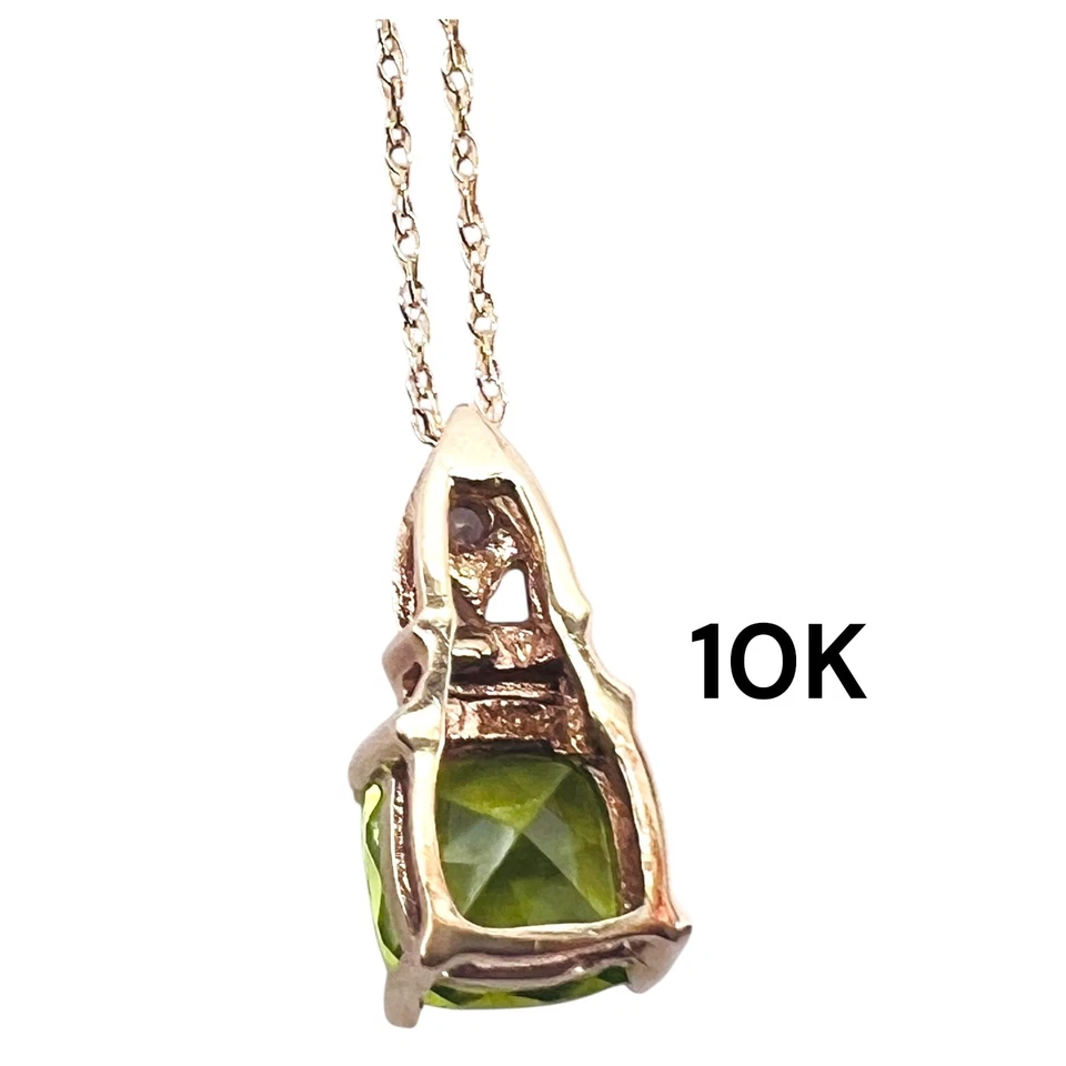 Green Peridot Cushion Cut Diamond 10k Yellow Gold Pendant Necklace 18" -1681 - Image 3 of 4