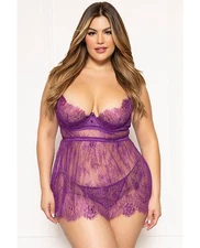 Seven ’til Midnight Queen Pretty Lace Satin Babydoll and Panty Purple