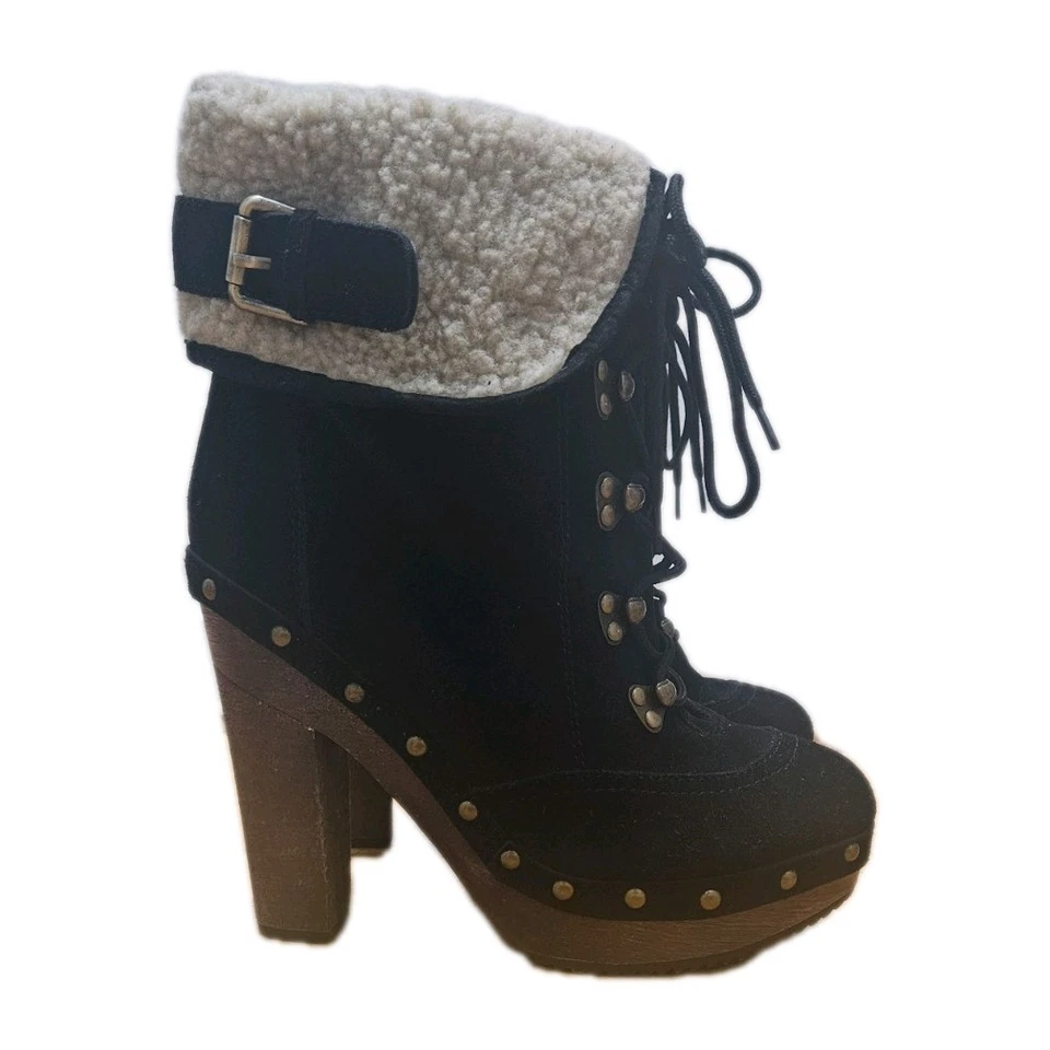 N.Y.L.A. Black Suede Shearling Cuff Lace Up Ankle Boots Women’s Chunky Heel - Image 2 of 4