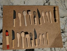 2 Sets Of Miniature Kitchen Utensils. Wood And Metal.