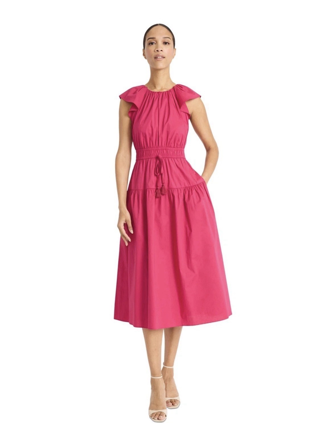 Maggy London Women’s Round-Neck Tie-Waist Midi Dress-Vivacious Berry, Size-16