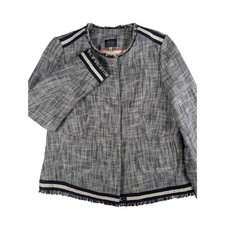 Joules Tweed Blazer Blue White Fringe Trim Striped UK 10 US 6 Jacket