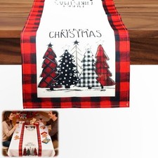 Christmas Table Runner, Buffalo Plaid with Merry Christmas Trees Design,