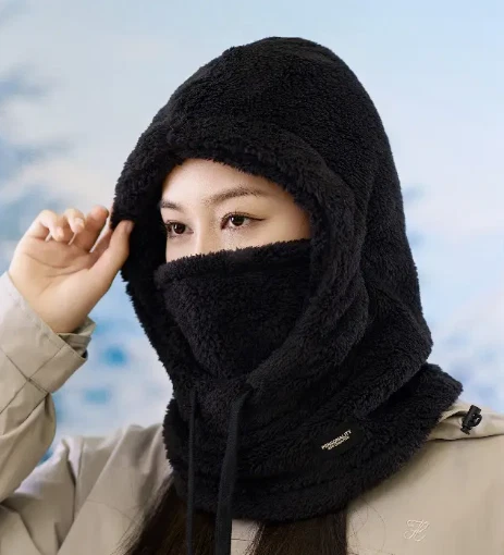 WOMENS WINTER HOOD- BLACK Winter Plush Balaclava Hood - Lightweight Warm Fleece