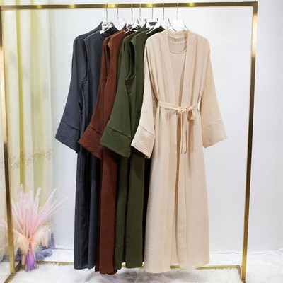 2 Piece Muslim Jilbab Abaya Set Loose Cardigan Inner Dress with Belt Modest Pray