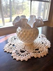 Vintage Fenton Milk Glass Hobnail Vase Ruffled Crimped Edge