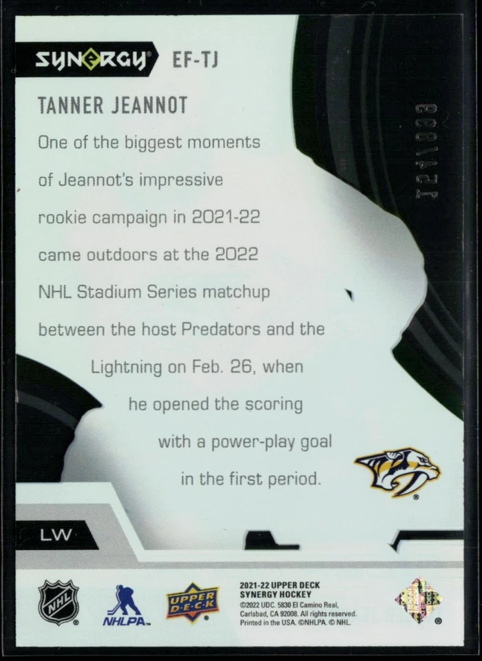 2021-22 Upper Deck Synergy Exceptional Futures #EF-TJ Tanner Jeannot RC 154/899 - Image 2 of 2