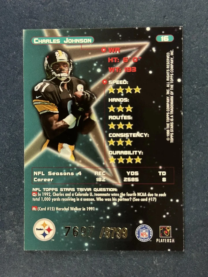 1998 Topps Stars Red #16 Charles Johnson Pittsburgh Steelers /8799 - Image 2 of 2