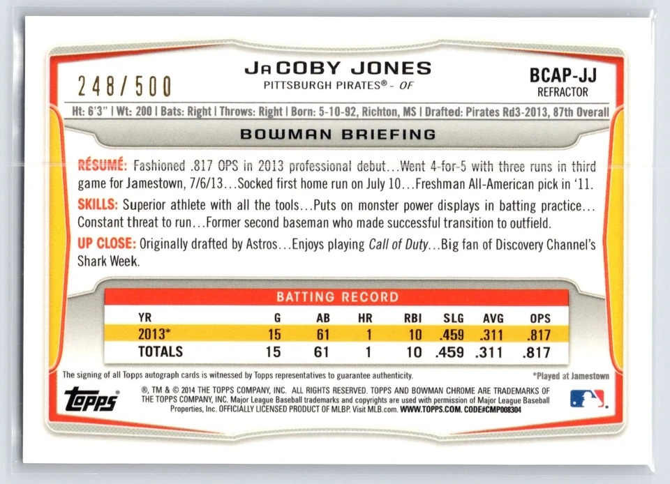 JACOBY JONES 2014 Bowman Chrome Prospect Autograph Card #JJ AUTO Refractor /500 - Image 2 of 2