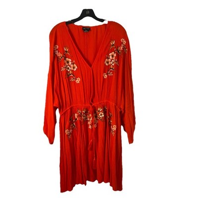 City Chic Seville Tunic Dress Size 18 Embroidered Bright Orange Red Tigerlilly