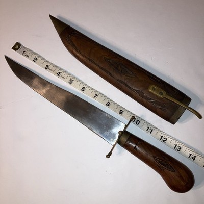 Vintage Shibriya Dagger 10in w/Hand Carved Wooden Handle & Sheath Brass Accents